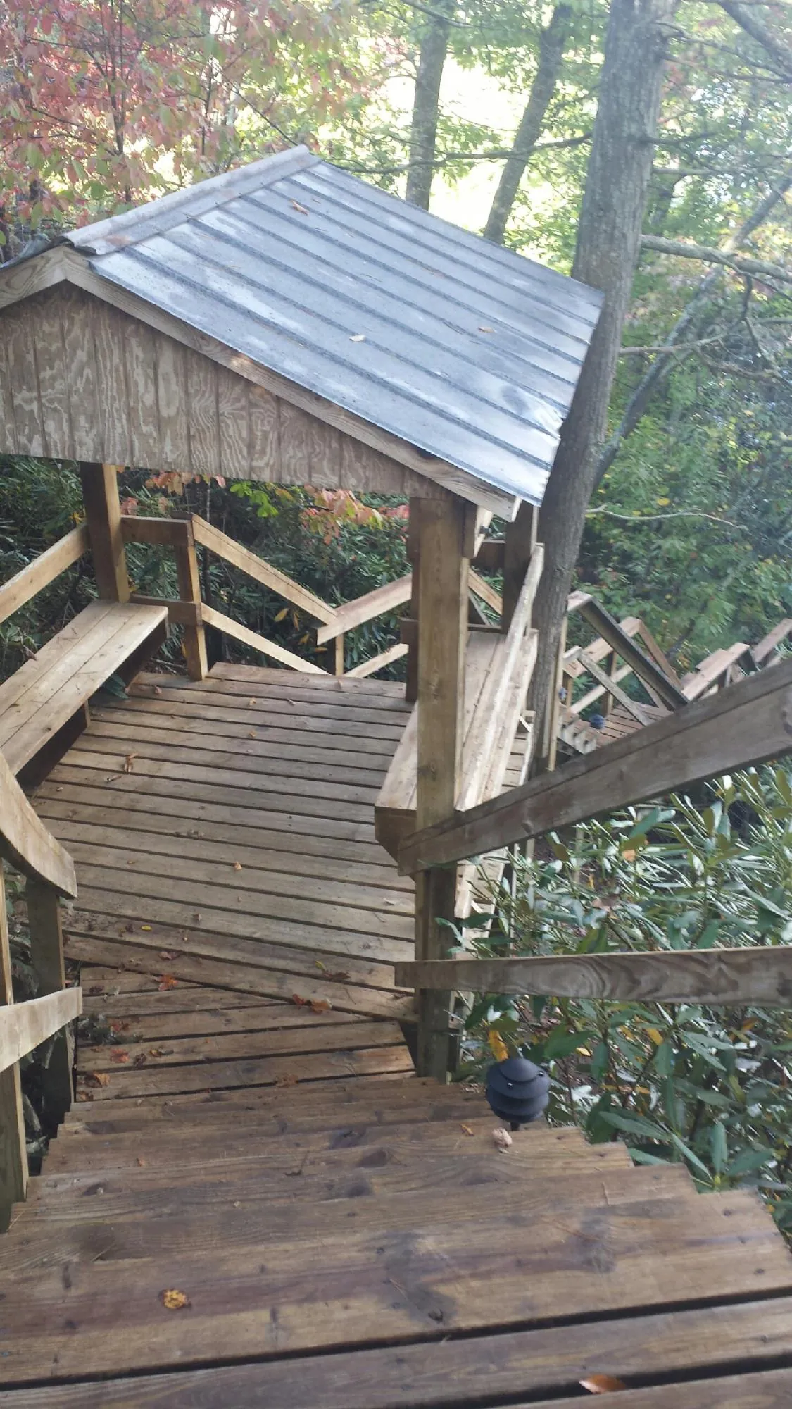 Metal roofed shelter over wooden steps on a wooded walkway — Skylight Repair & Installation work by our crew in Indianapolis